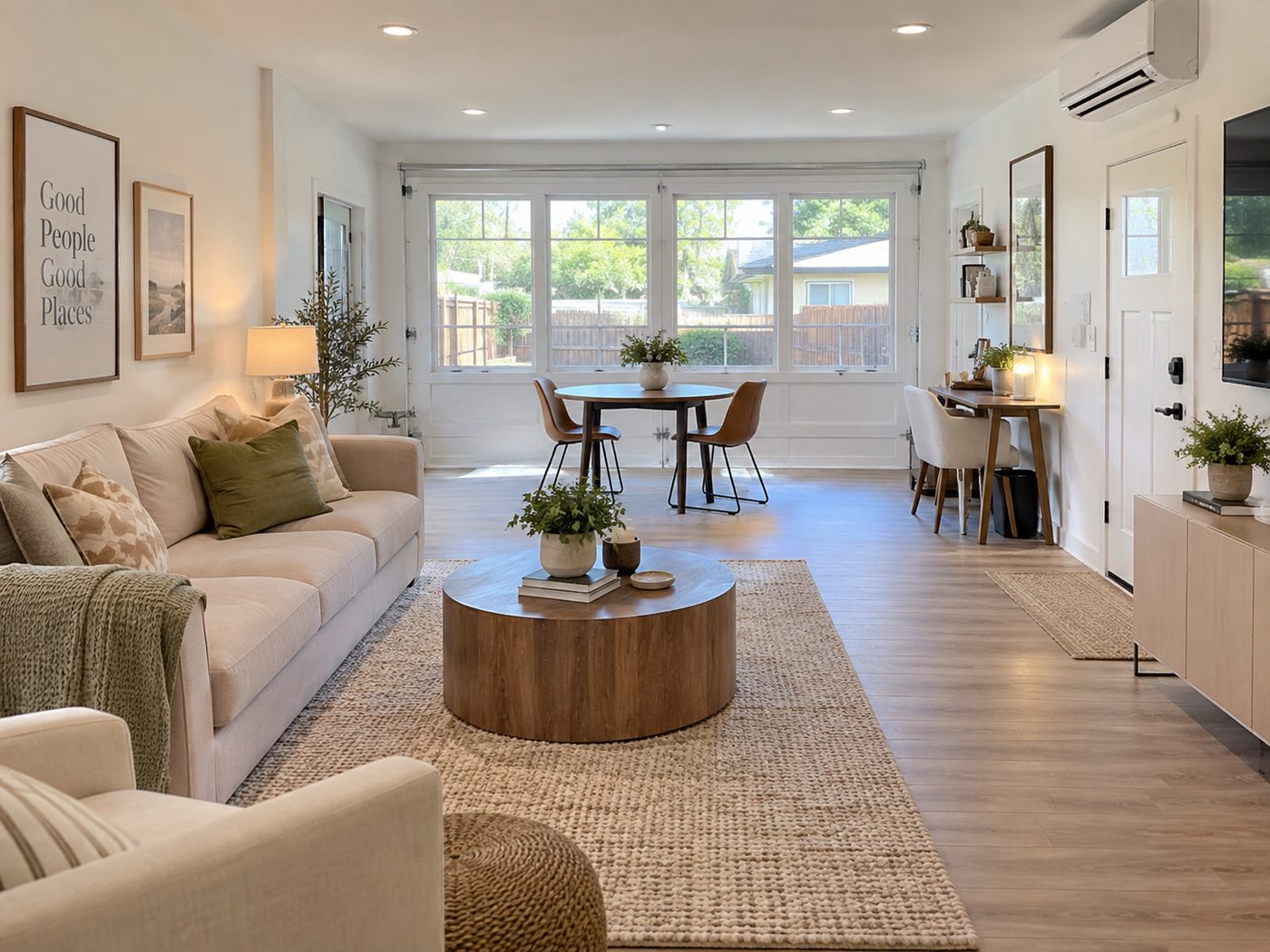 Garage converted into a bright, finished living space with hardwood floors and a mini split
